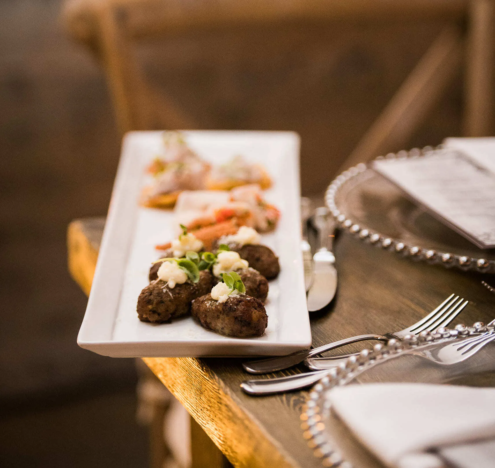 Gourmet appetizers plated for a Seventh Heaven catered event